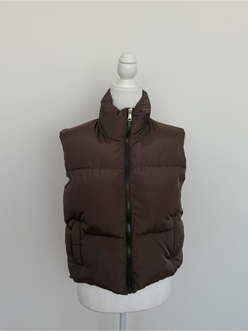 Manifest Offline Chocolate Brown Cropped Puffer Vest Drawstring Hem Smaller